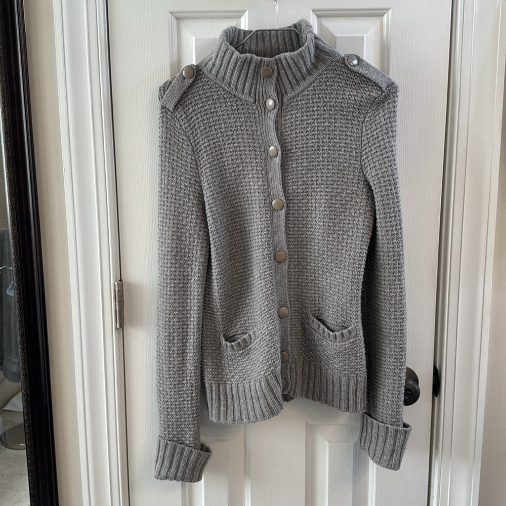 Talbots Gray chunky wool blend button up collared cardigan w pockets Sz S - Picture 3 of 9